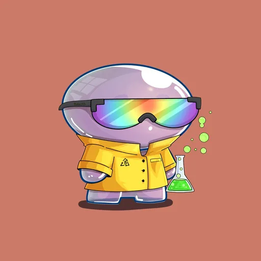 Bubblin #42: A mauve bubble creature in a yellow lab coat and rainbow goggles holding a bubbling flask, on a terracotta background