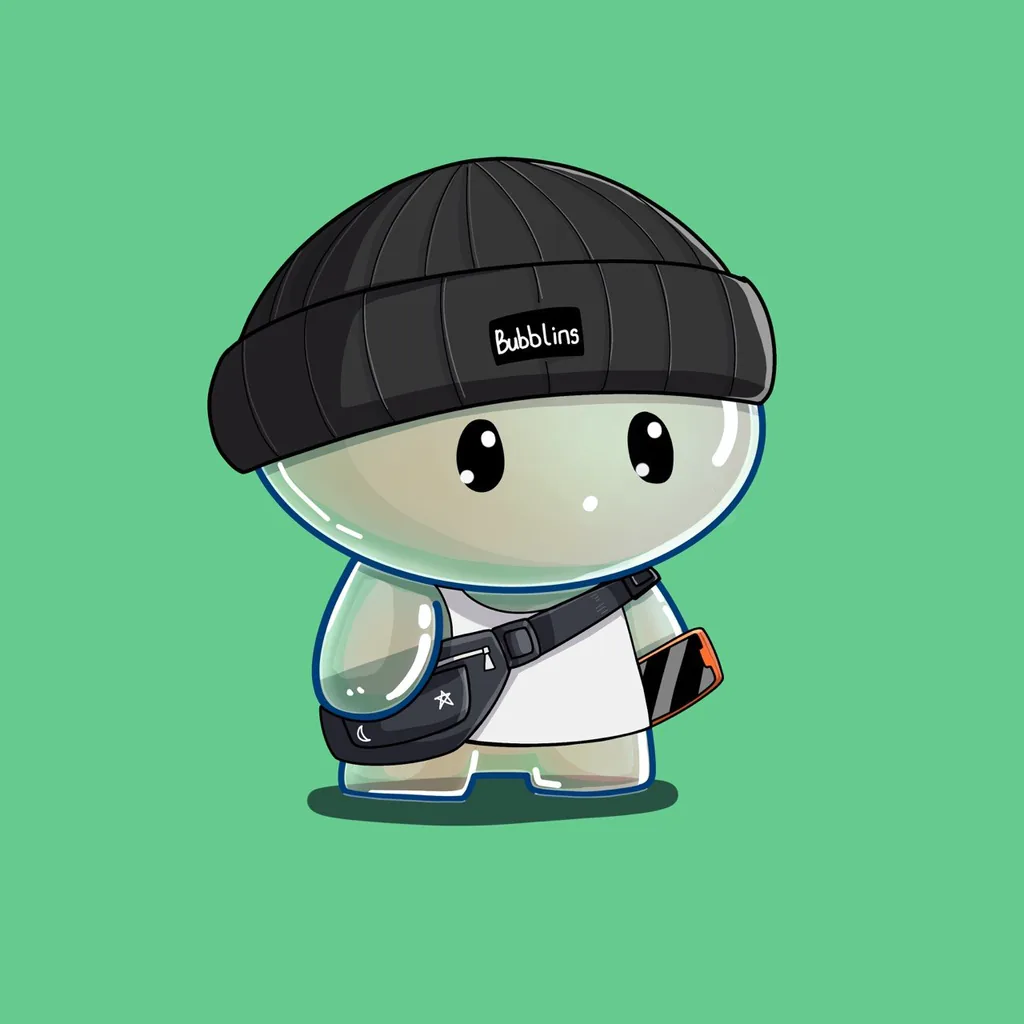 Bubblin #1337: A pearl-coloured bubble creature in a black Bubblins beanie with a sling bag, on a mint background