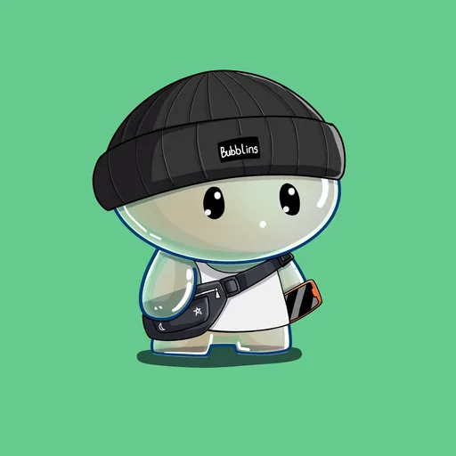 A pearl-coloured bubble creature in a black Bubblins beanie with a sling bag, on a mint background