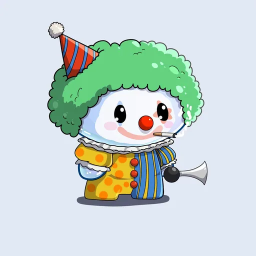 Bubblin #1699: A white bubble creature in a green clown wig, party hat and striped suit holding a horn, on a misty background