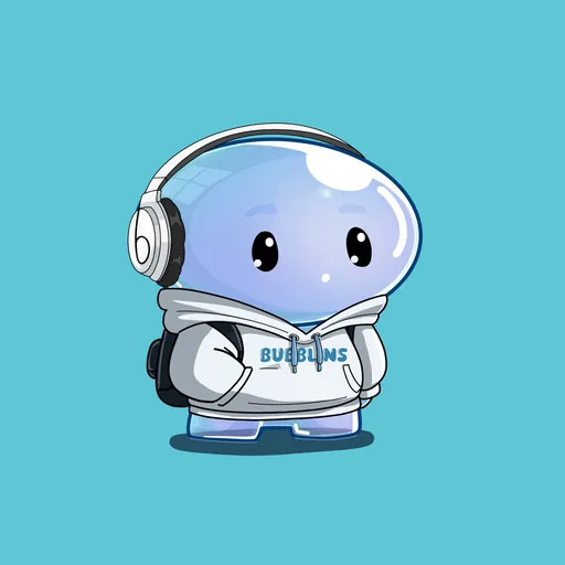 Bubblin #1370: A periwinkle bubble creature in a white Bubblins hoodie and headphones, on a lagoon-blue background