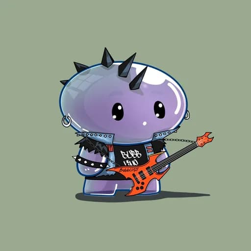 Bubblin #616: A lilac bubble creature with black spikes, a studded denim jacket and an orange guitar, on a sage background