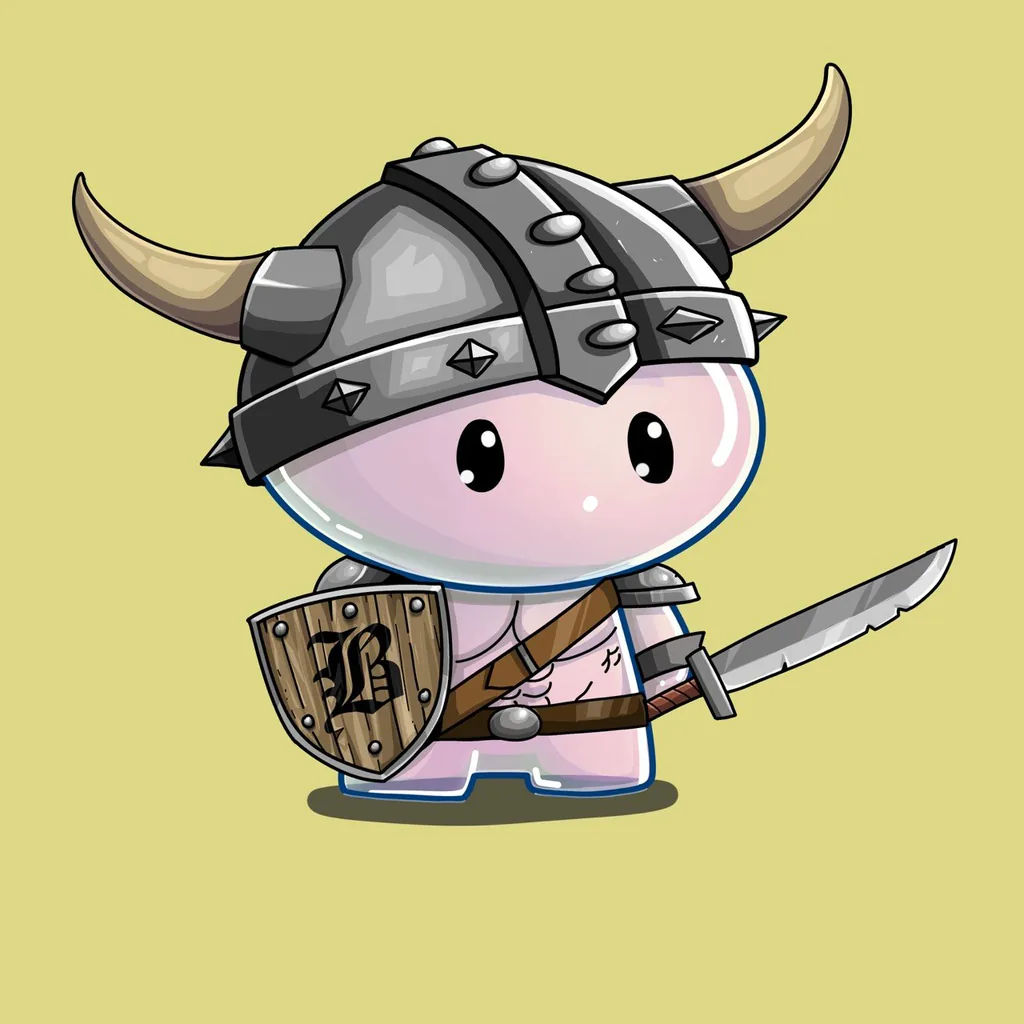 Bubblin #57: A blush-pink bubble creature in a horned helmet holding a wooden shield and a sword, on a mustard background