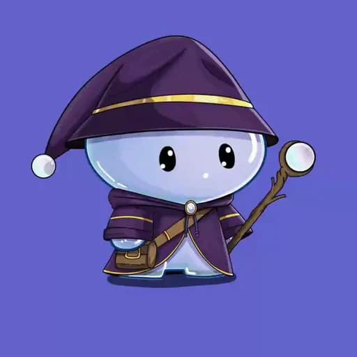 A frost-coloured bubble creature in a purple wizard hat and robe holding a staff, on an indigo background